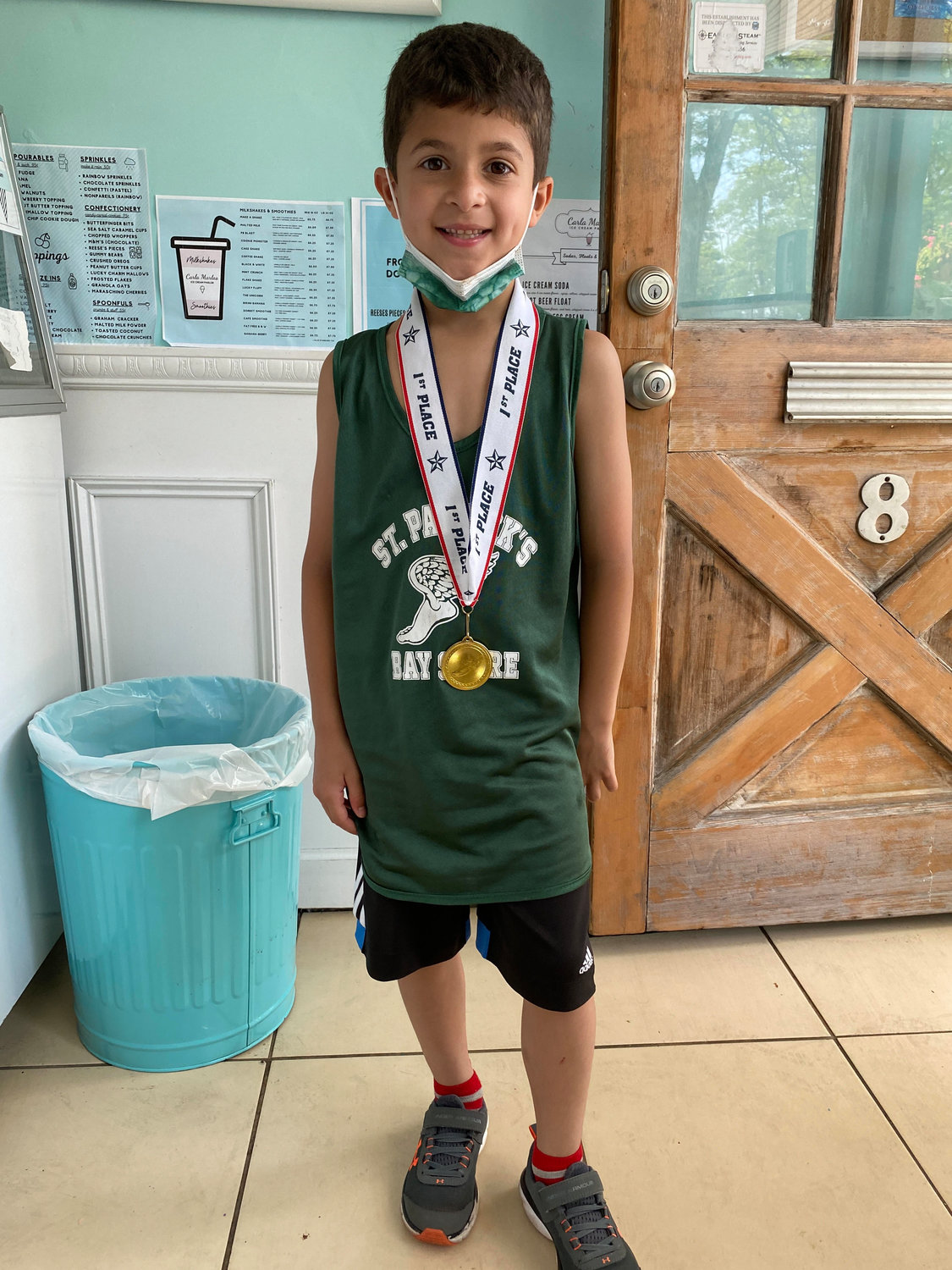 Tony Anitra Jr. won his track meet and celebrated his victory with ice cream at Carla Marlas in Bellport. His father, also Tony, picked Carla Marlas because it was the first ice cream shop to come up on his GPS.